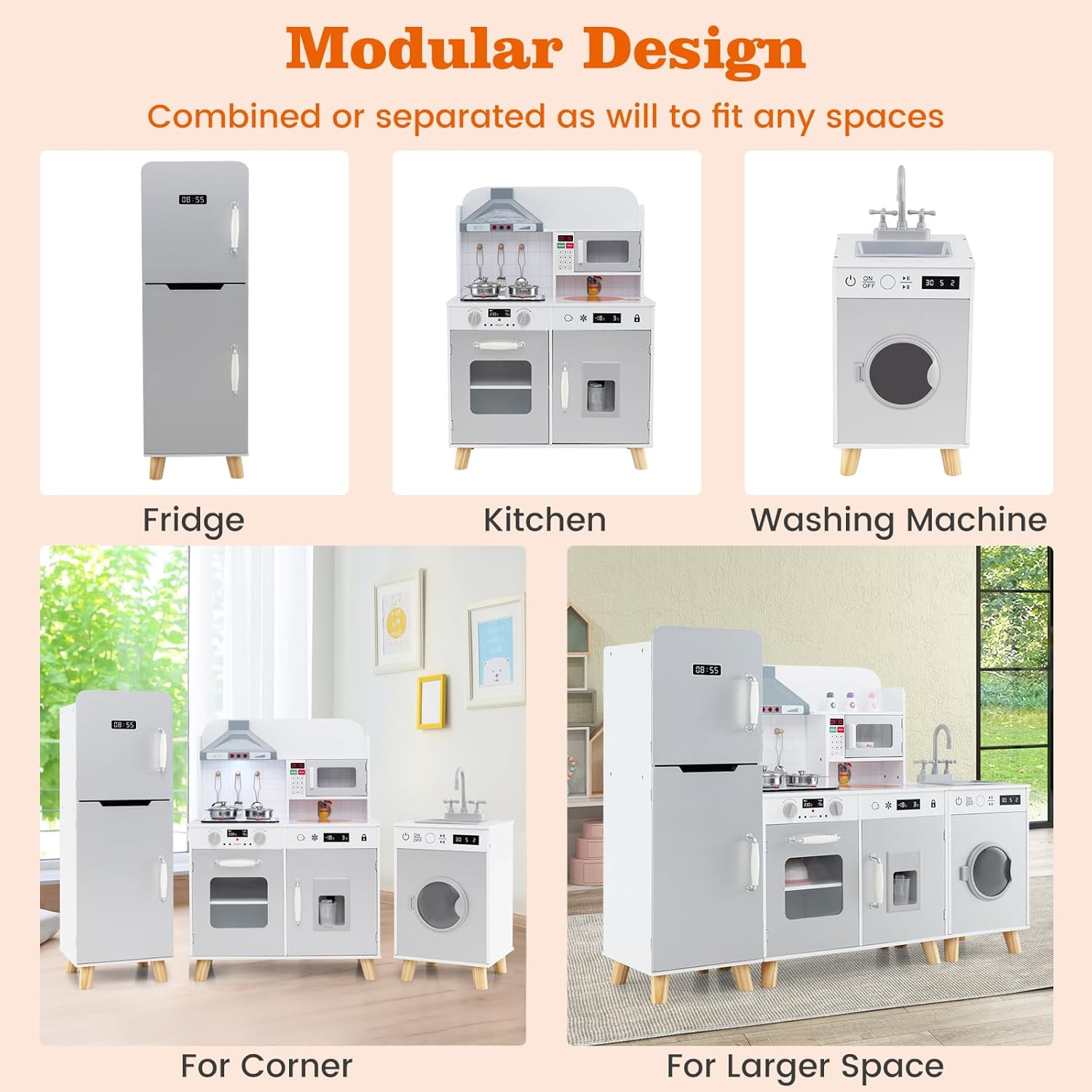 Costzon 3-Piece Play Kitchen for Kids, Wooden Toy Kitchen Set with Refrigerator, Washing Machine, Range Hood, Ice Maker, Kids Kitchen Playset with Sounds & Lights, Gift for Toddlers Ages 3+