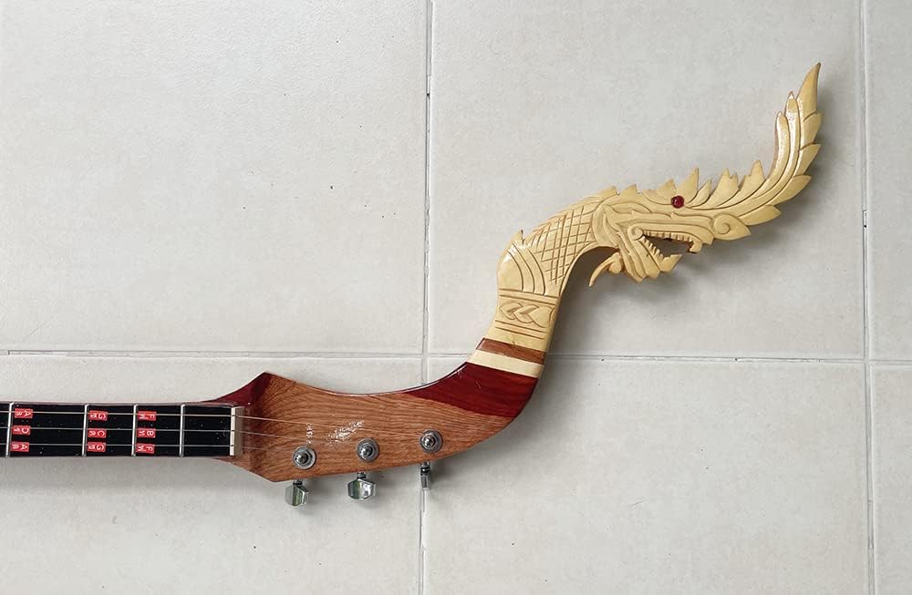 Isarn Electric Phin 3 Strings, Thailand Lao Guitar Musical Instrument, Traditional Thai Pin120, brown