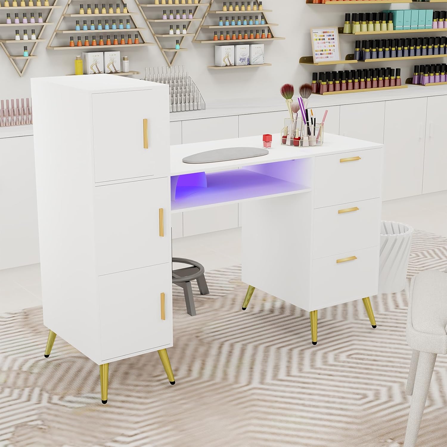 ARTETHYS Portable Nail Desk with Drawers White Manicure Table Nail Station with Shelves L-Shaped Salon Corner Nail Art Equipment for Nail Tech