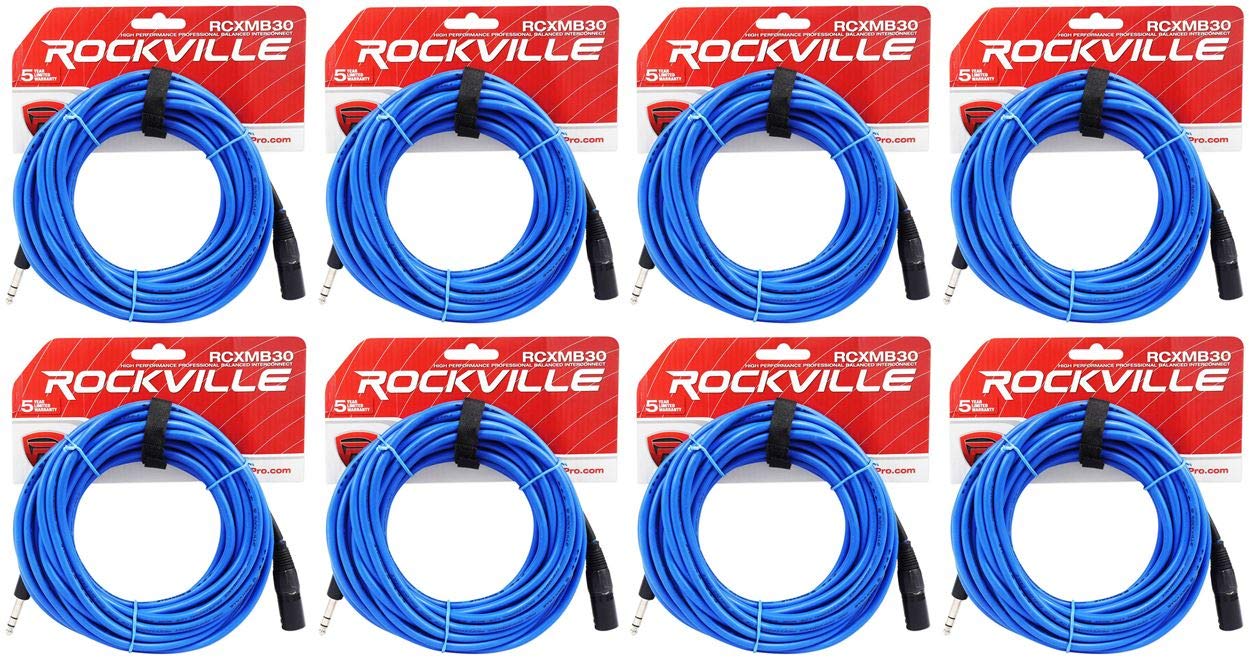 Rockville (8 RCXMB30BL 30' Male REAN XLR to 1/4'' TRS Cable Blue 100% Copper