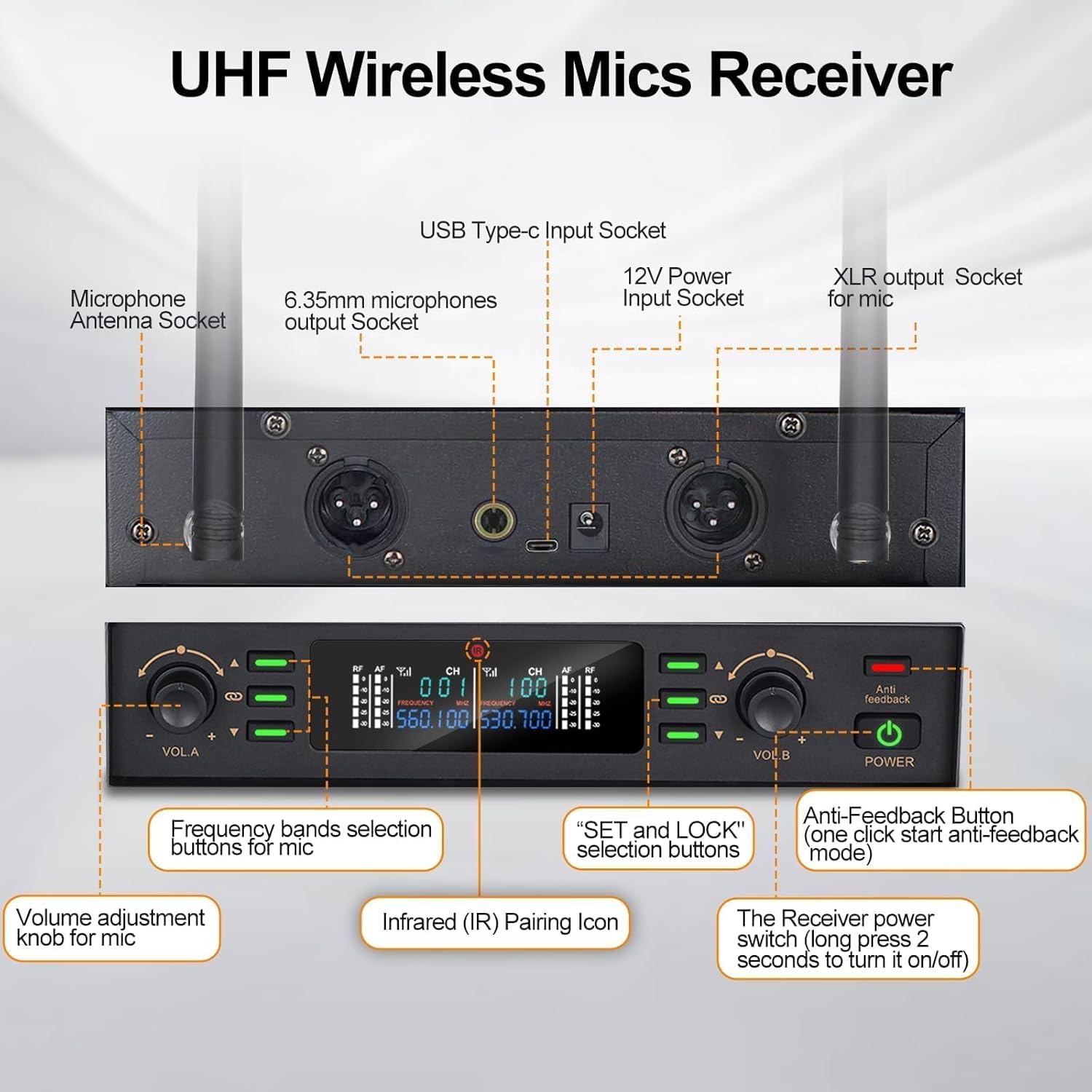 Wireless Microphone System, UHF Professional Karaoke Mic With Feedback Suppression, Auto Scan & Pair, Reverb - 262ft Range, 2x100 Dual Metal Dynamic Cordless Microphones for Church/Wedding/DJ/Meeting
