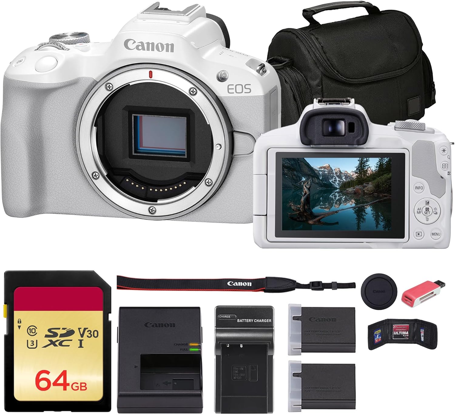 Canon EOS R50 Mirrorless Camera (White) (5812C002) + 64GB Memory Card + Bag + Charger + LPE17 Battery + Card Reader + Memory Wallet + Cleaning Kit (Renewed)