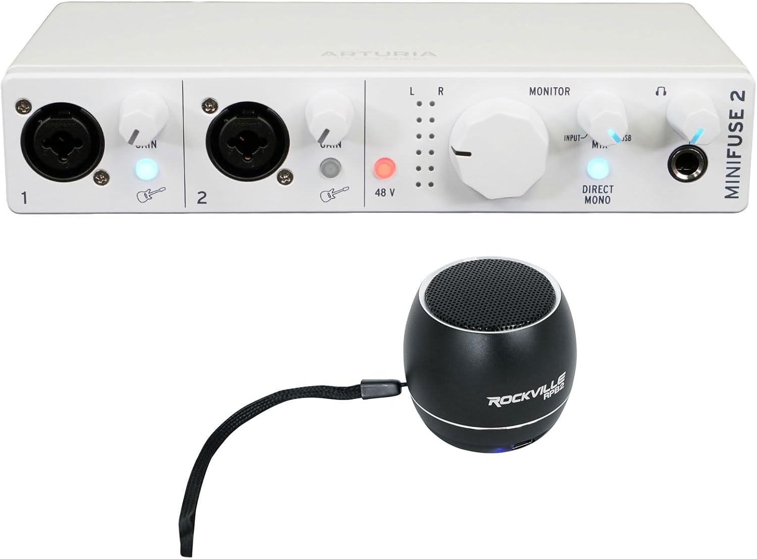 Audiosavings Bundle:(1) Arturia Minifuse 2 White 2x2 USB MIDI Audio Recording Interface+Software Bundle with (1) Rockville RPB2-BLACK Handheld Wireless Portable Bluetooth Speaker Great Sound (Items 2)