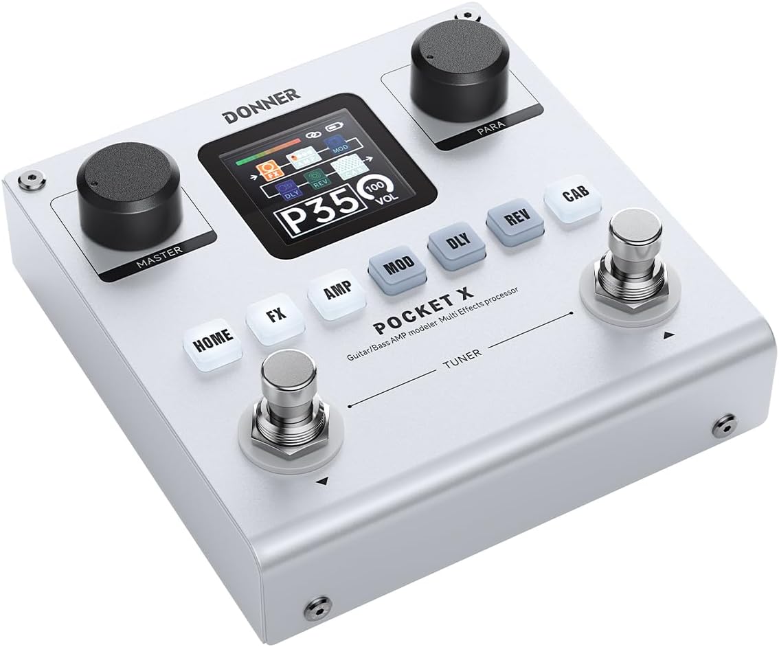 Donner Pocket-X Multi Effects Guitar Pedal Guitar/Bass AMP Modeler Multi Effects Processor Portable Rechargeable Guitar Pedal with 6 Effects Modules, 80 Presets, 20 IRs for Electric Guitar