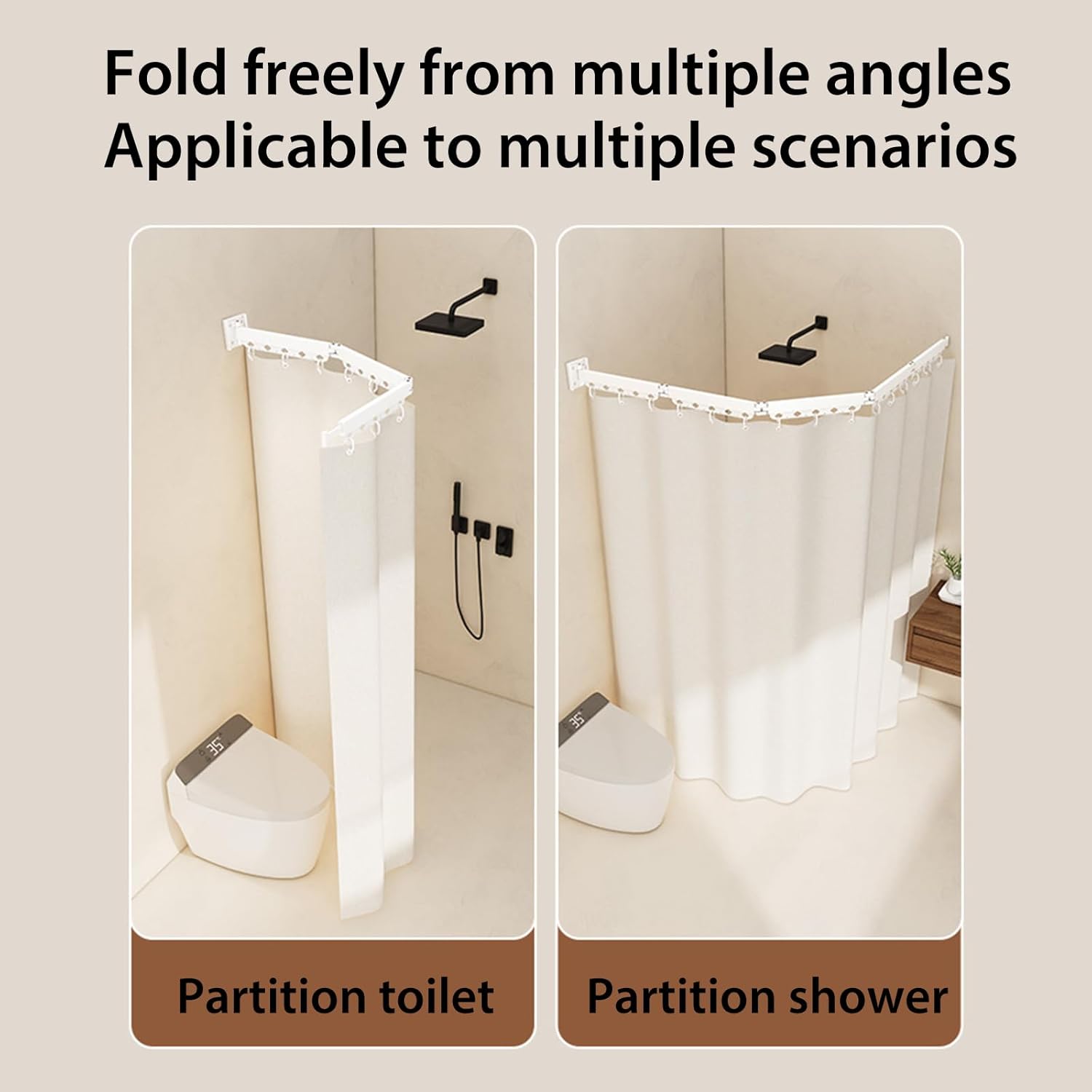 Folding Shower Curtain Rod Curtain Set,White Wall Mount Retractable Shower Curtain,Adjustable Angle, L/U Shaped Corner Shower Curtain Rod, No Drill, for Bathroom(5Fold78.7 * 78.7in)