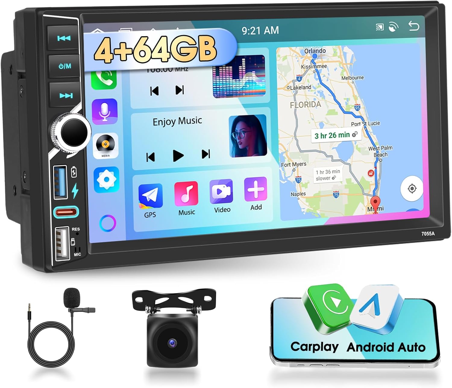 7 Inch 8 Core [4+64G] Double Din Car Stereo Radio Touch Screen Bluetooth Audio with Wireless CarPlay Android Auto GPS Navigation Mirror Link WiFi EQ RDS Hi-Fi Backup Camera MIC