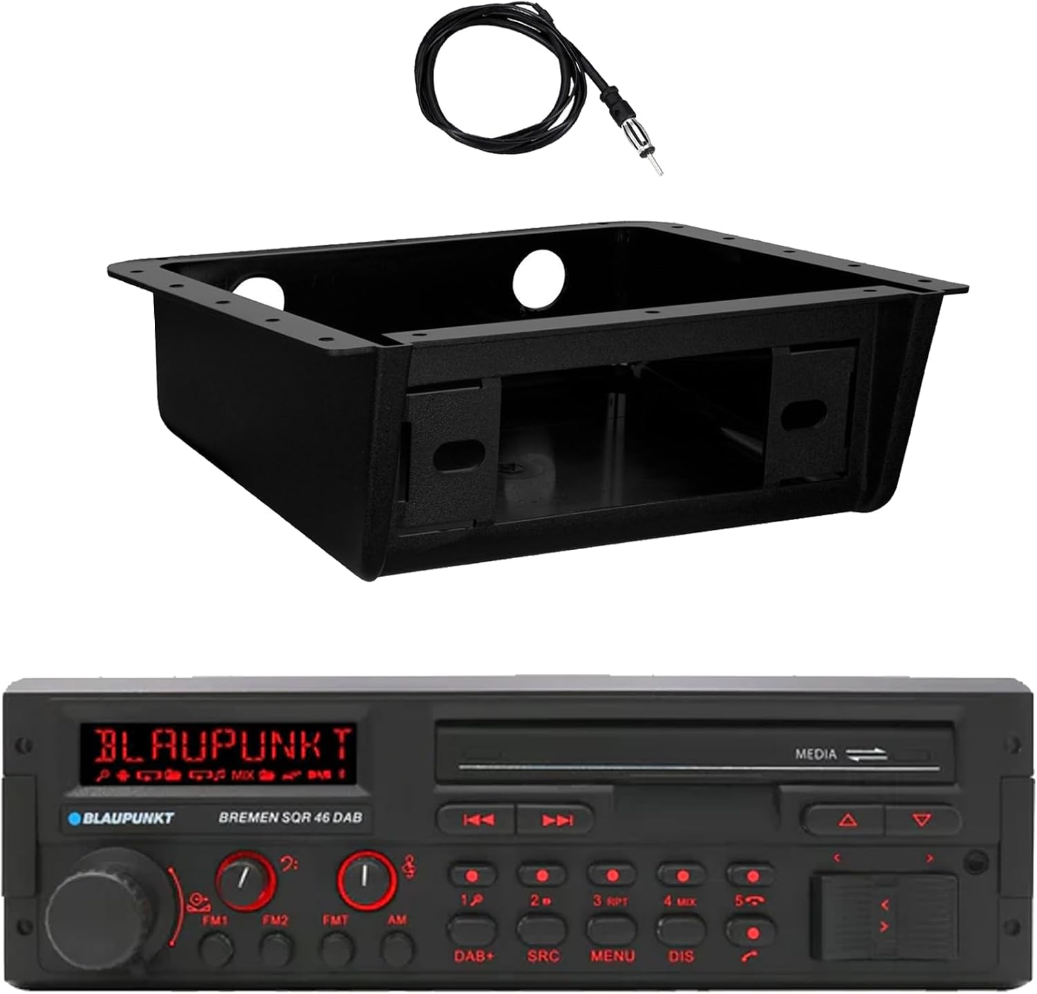 Blaupunkt Bremen Single DIN 80's Retro Classic Bluetooth USB/AUX AM/FM Radio Receiver W/Fully Enclosed Under Dash/Overhead Installation Mounting Kit, 22