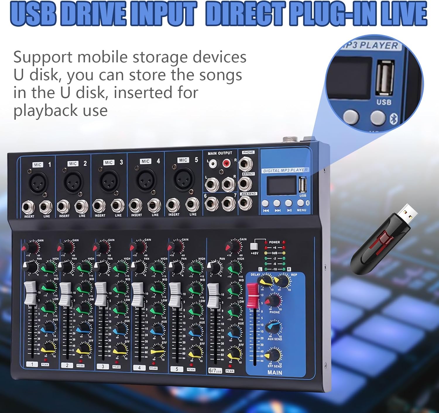 Bluetooth Portable Audio Mixer,7-Channel Sound Reinforcement Mixer MP3 Input 48V Power Studio Audio Mixer w/USB DJ Sound Mixing Console, Professional Live Studio Audio Mixer for Studio Recording