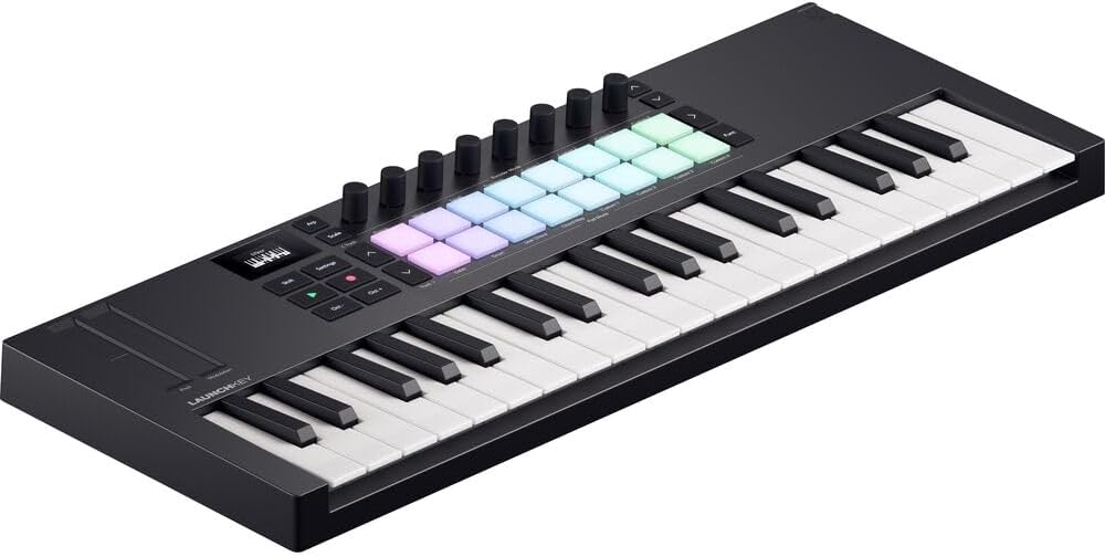 Novation Launchkey Mini 37 MK4 USB MIDI Keyboard Controller (37 Mini Keys) Bundle with Auray FP-P1L Universal Piano-Style Sustain Pedal and Hosa Mid-310 Black 10 ft. Midi cable