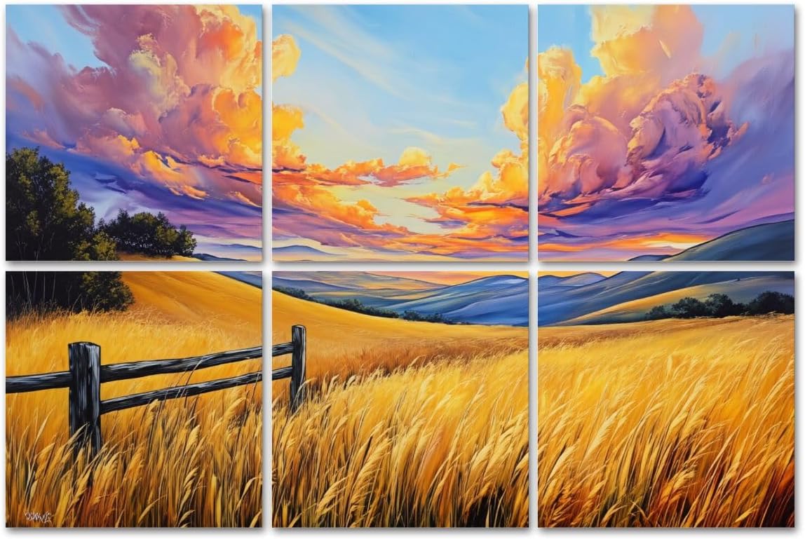 6 Pack Art Acoustic Panels Sound Absorbing Yellow Fall Grass Clouds Landscape Endless Mountain Rustic Scenery Decorative Soundproof Wall Panels Self Adhesive for Recording Studios Office 72