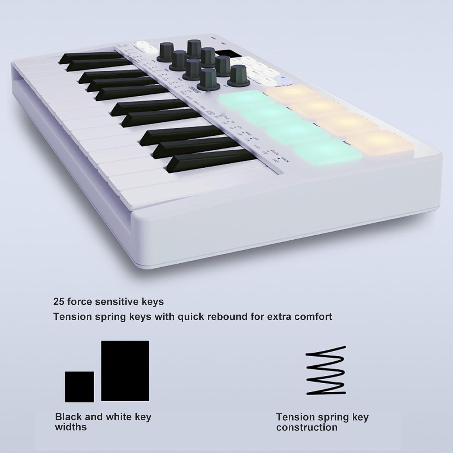 MIDI Keyboard Controller, 25 Keys USB C MIDI Keyboard with 8 Beat Pads 8 Backlit Drum Pads 8 Assignable Knobs MIDI Controllers