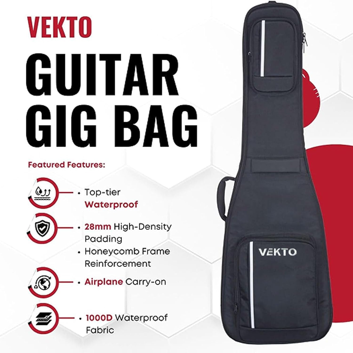 VEKTO Bass Guitar Gig Bag 28mm Padded 1000D Waterproof Oxford, Detachable Neck Support Black,Thick Foam, Dual Adjustable Shoulder Straps, Large Pocket