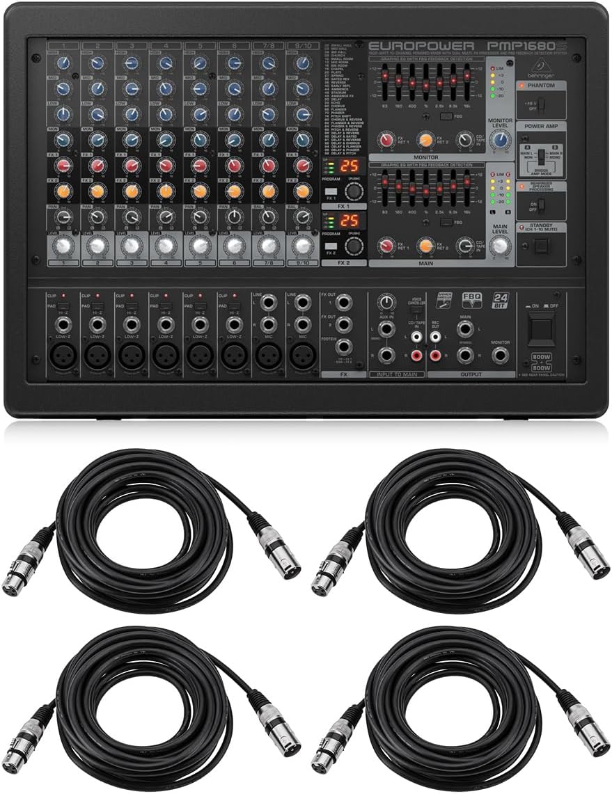 Behringer EUROPOWER PMP1680S 1600W 10-Channel Powered Mixer, Bundle with 4x 25' Value Series XLR Male to Female Microphone Cable