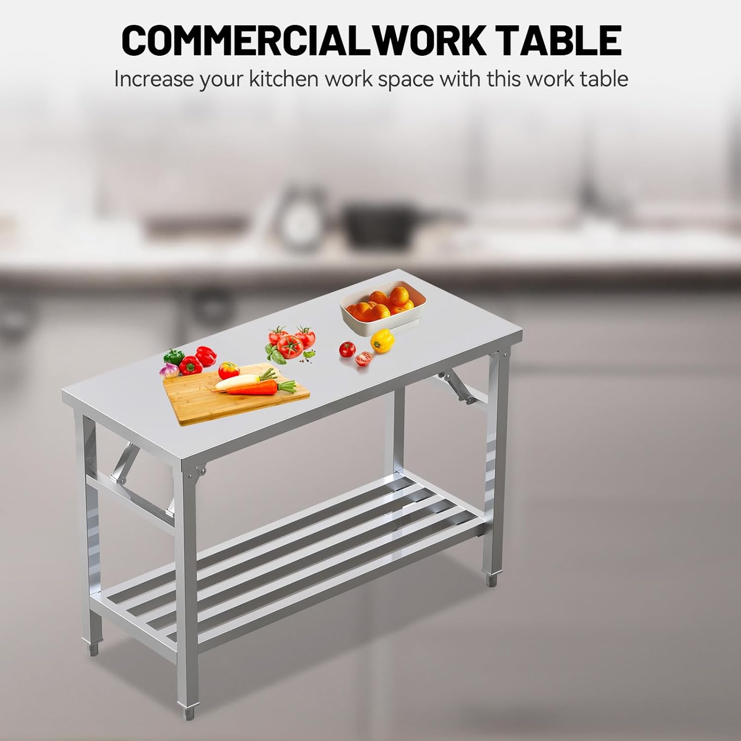 Folding Stainless Steel Table with Adjustable Table Corners and Lower Removable Shelf 20X45 Inches for Outdoor Camping, Maintenance Room, Storage, Kitchen (with undershelf)