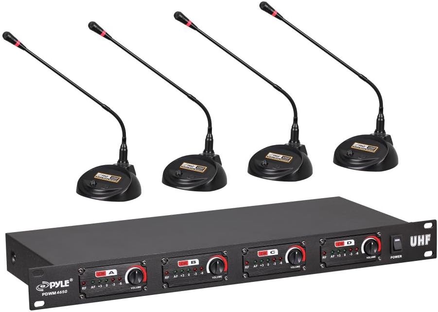 Pyle 4 Channel Wireless Microphone System - Professional Rack Mount UHF Receiver and Cable Free Desktop Transmitter Mic Set w/ Mesh Head, Volume Controls, AF / RF Signal Indicators, XLR
