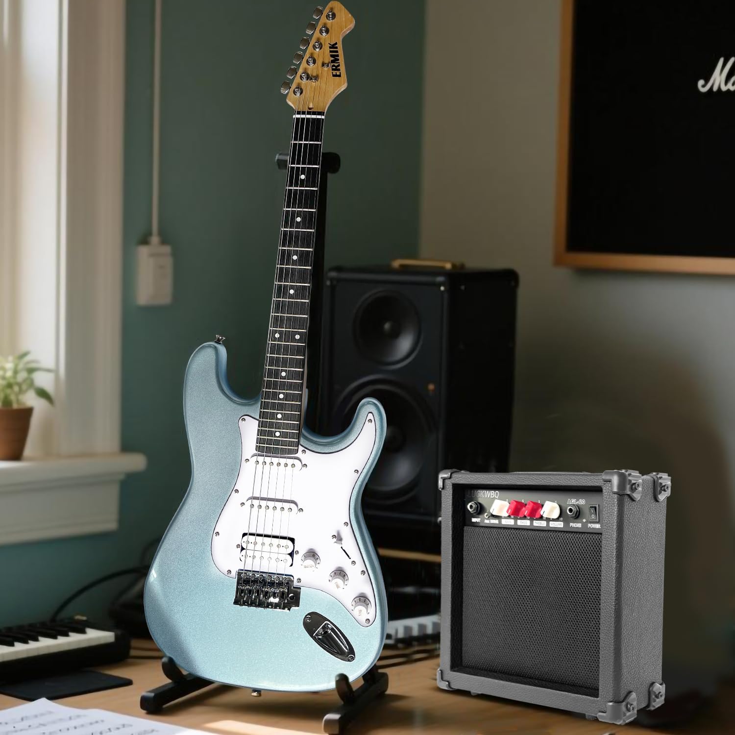 Ermik Soild Body Electric Guitar Kit with Amp 20W, Strings, Strap, Digital Tuner, Picks, Gig Bag, Cable, Tremolo Bar, 39