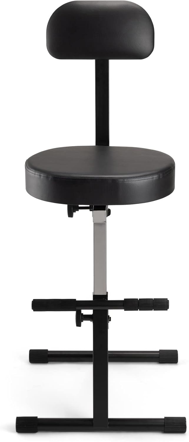 On-Stage DT8500 Guitar/Keyboard Throne (Seating for Keyboards, Pianos, Synths, Organs, and Guitars, Adjustable Height, Padded Backrest, Cushioned Seat, Built-in Footrest, Rubber Feet, Metal, Black)