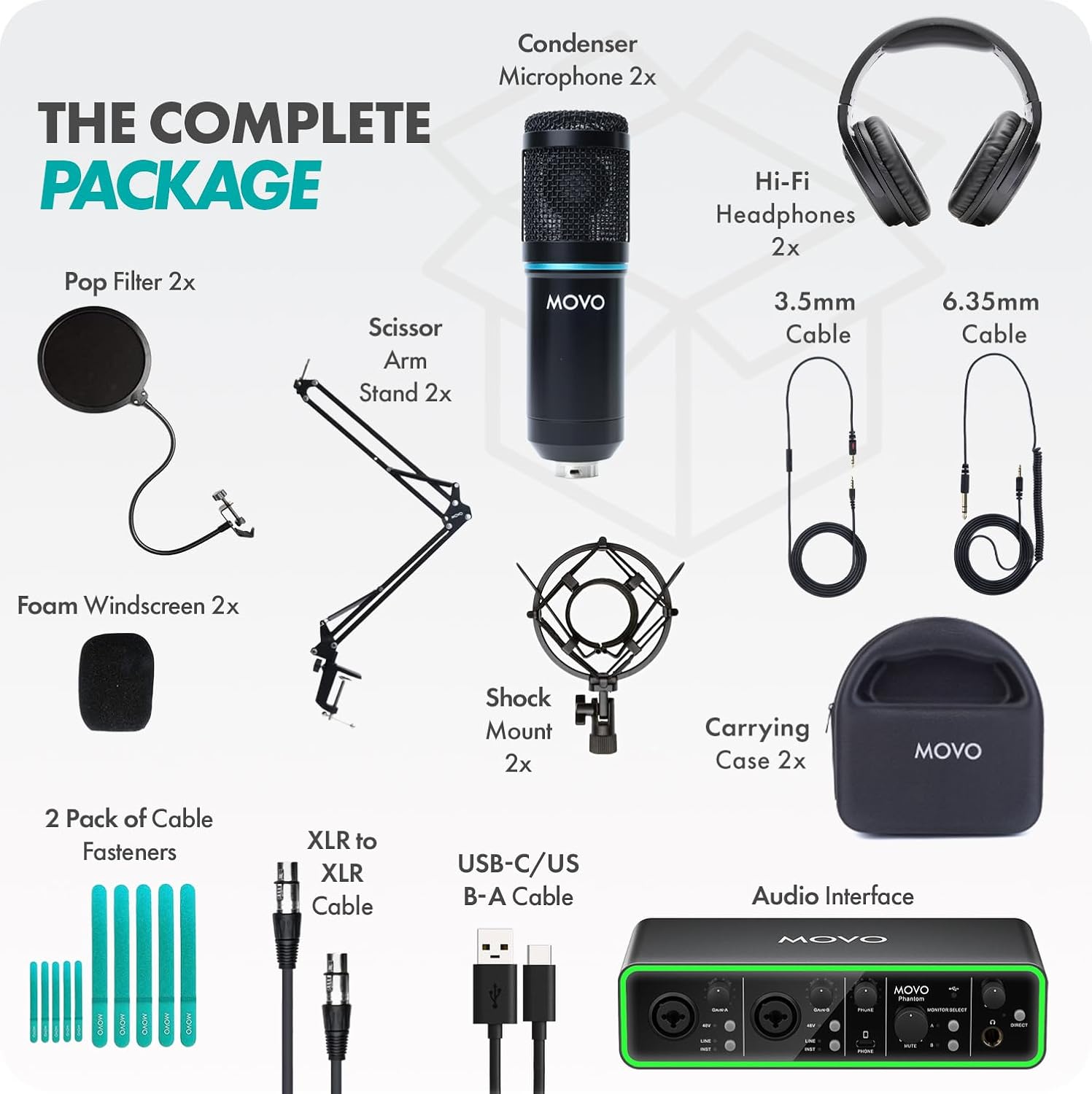 Movo PodKit2AH Podcast Equipment Bundle for 2 Condenser Microphone Kit with MDX-1 2x2 USB-C Audio Interface and Articulating Scissor Arm Mic Stand (with Headphones)