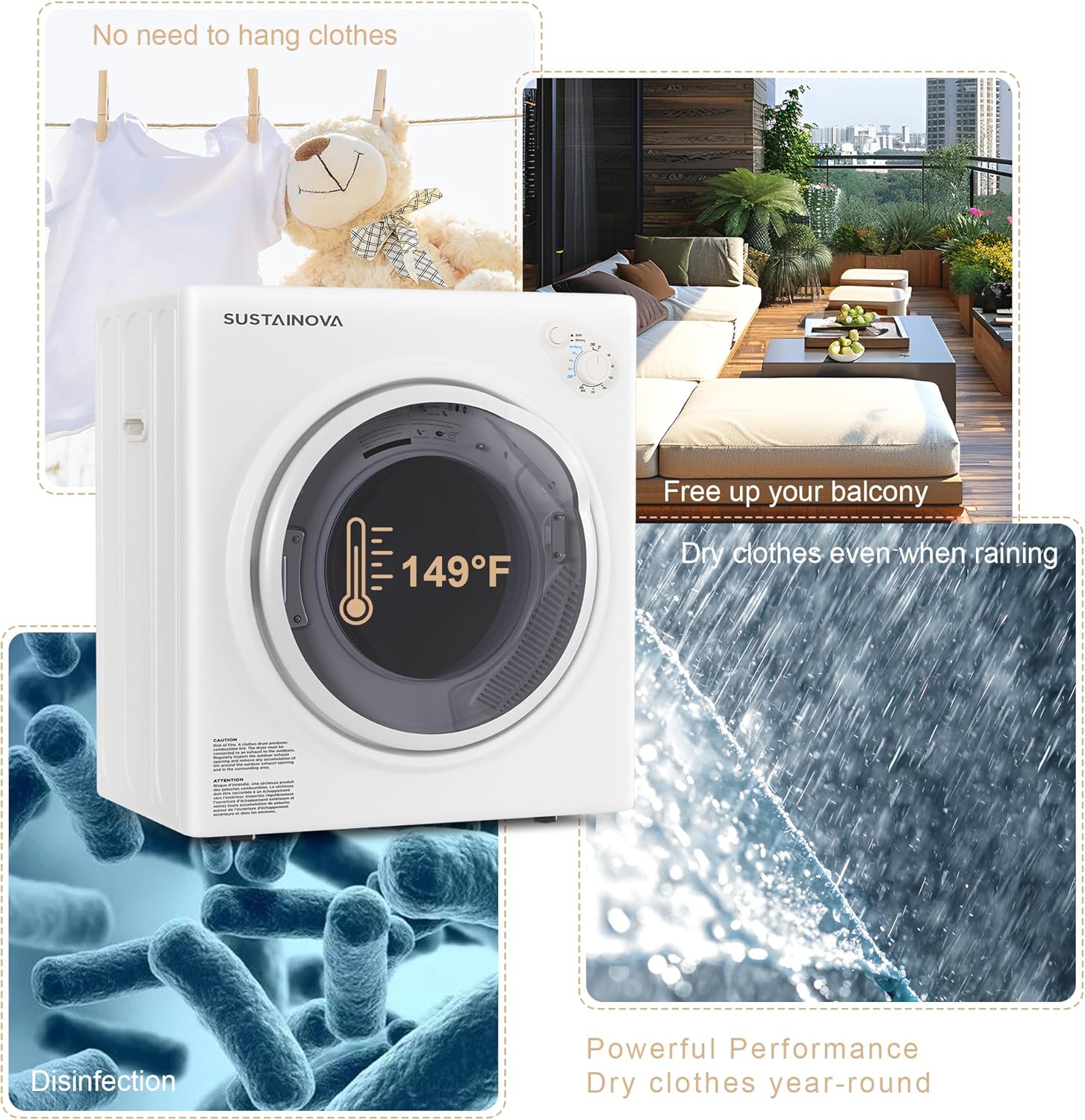 Elevon Portable Clothes Dryer 1350W, Compact Dryer for laundry with 5 Drying Modes, 2.6 Cu.ft Front Load Dryer Machine, Stainless Steel Tub for Small Space, RVs, Overheat Protection, Black & White