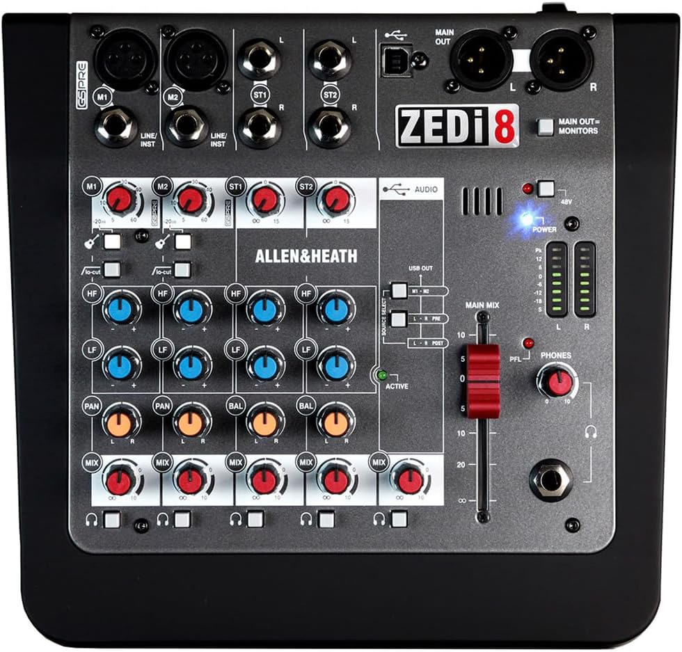 Allen & Heath ZEDi-8 Hybrid Compact Mixer/USB Interface Bundle w/ 2-Pack Pig Hog PHM10 8mm Mic Cable and Liquid Audio Polishing Cloth
