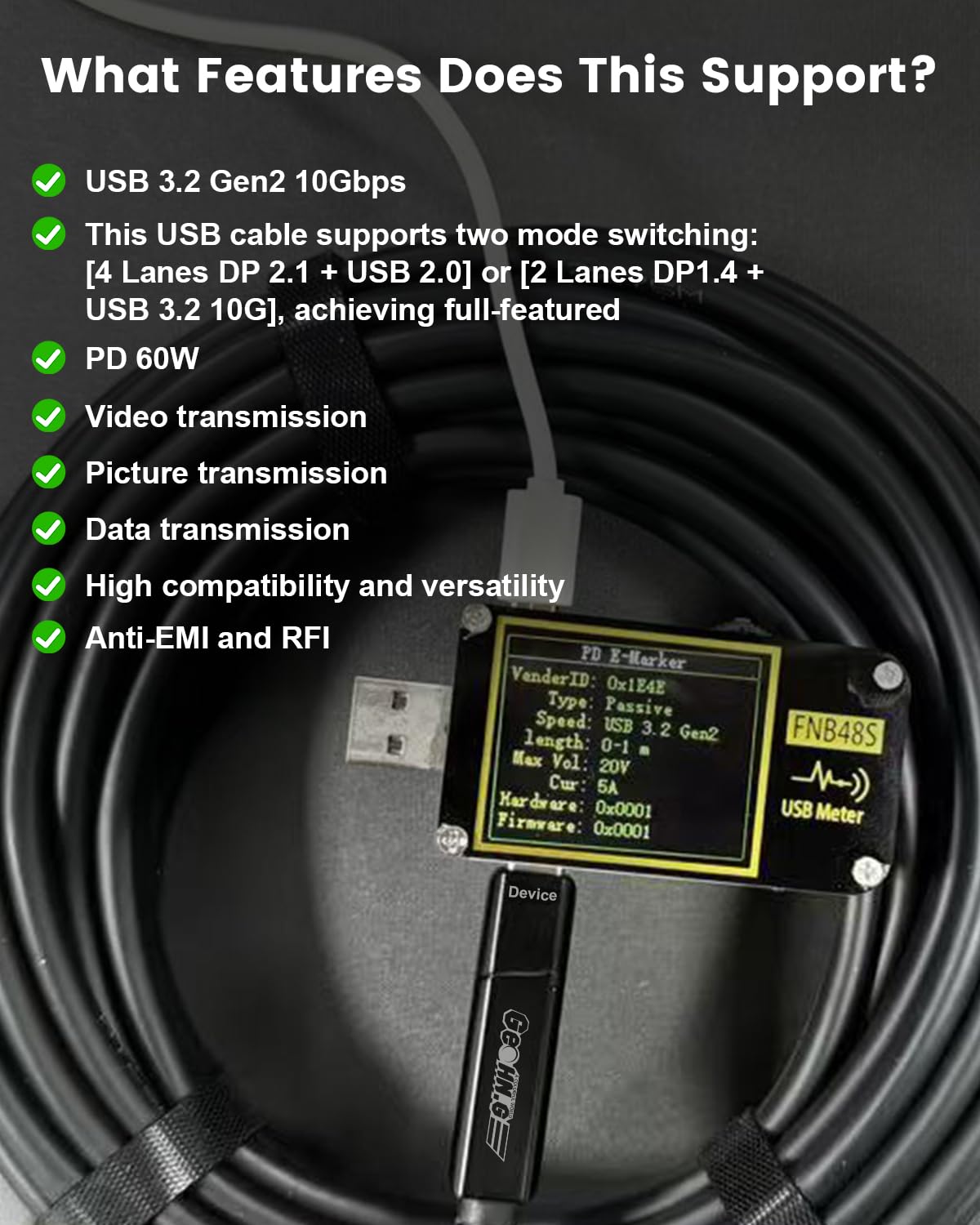 GeoHN.G Full-Featured Fiber Optic USB C to USB C Cable 5M/16.5FT, 10Gbps 4-Lanes Long Distance USB 3.2 Video Cable with PD 60W for VR Headsets/AR, Webcam, Laptop, Camera, Mini PC and Video Conference