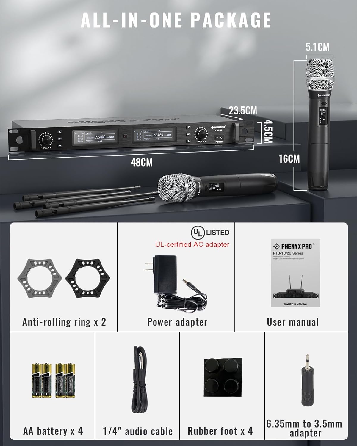Phenyx Pro Wireless Microphone System, True Diversity Dual Cordless Mic Set, Professional UHF Handheld Wireless Microphones w/Auto Scan, 2x1000 Channels, 328ft for Stage & Studio (PTU-2U-2H)