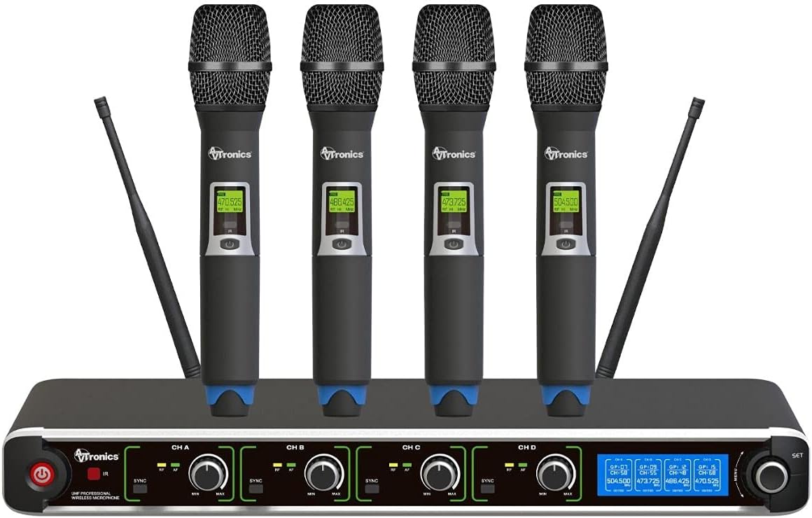 Professional Wireless Microphone System with 4 Handheld Dynamic Microphones, 200 Channels Uhf Wireless Mic with LCD Display, Karaoke for Events, Church and Singing, Range 200 Feet, Black