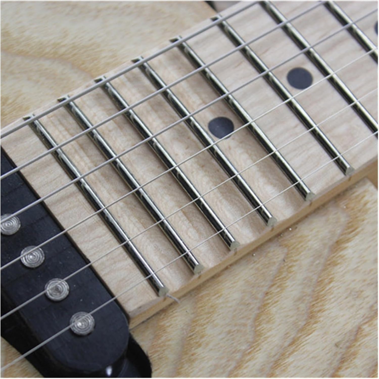 VENEKA Headless Electric Guitar Natural Wood Color Headless 24 Frets Electric Guitar with SSS Pickups Maple Fretboard Last 4 Frets Scalloped