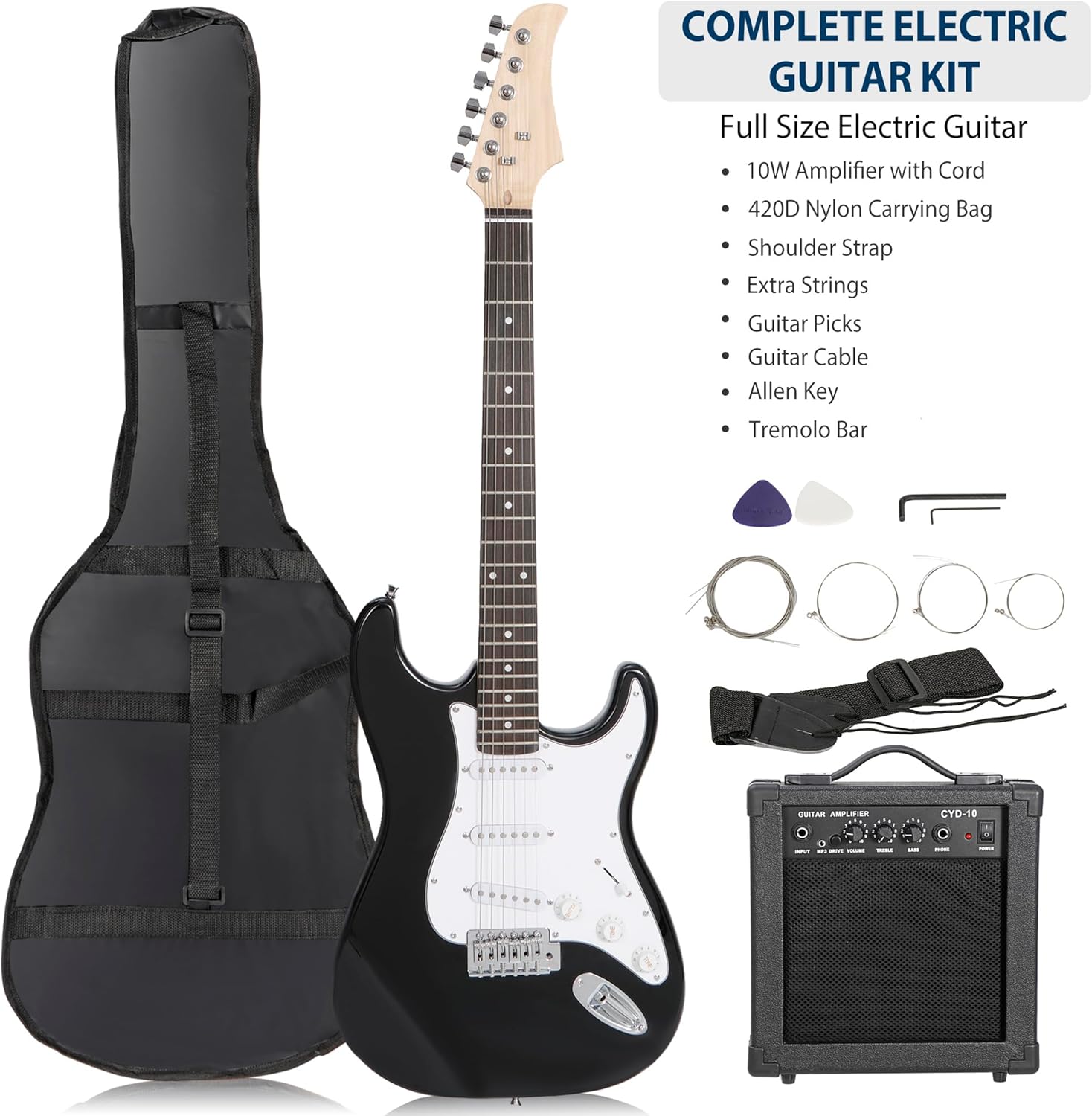 39 Inch Full Size Electric Guitar Beginner Starter Kit with 10W Amplifier, Bag, Strap, Strings, Tuner, Cable, Picks, Black