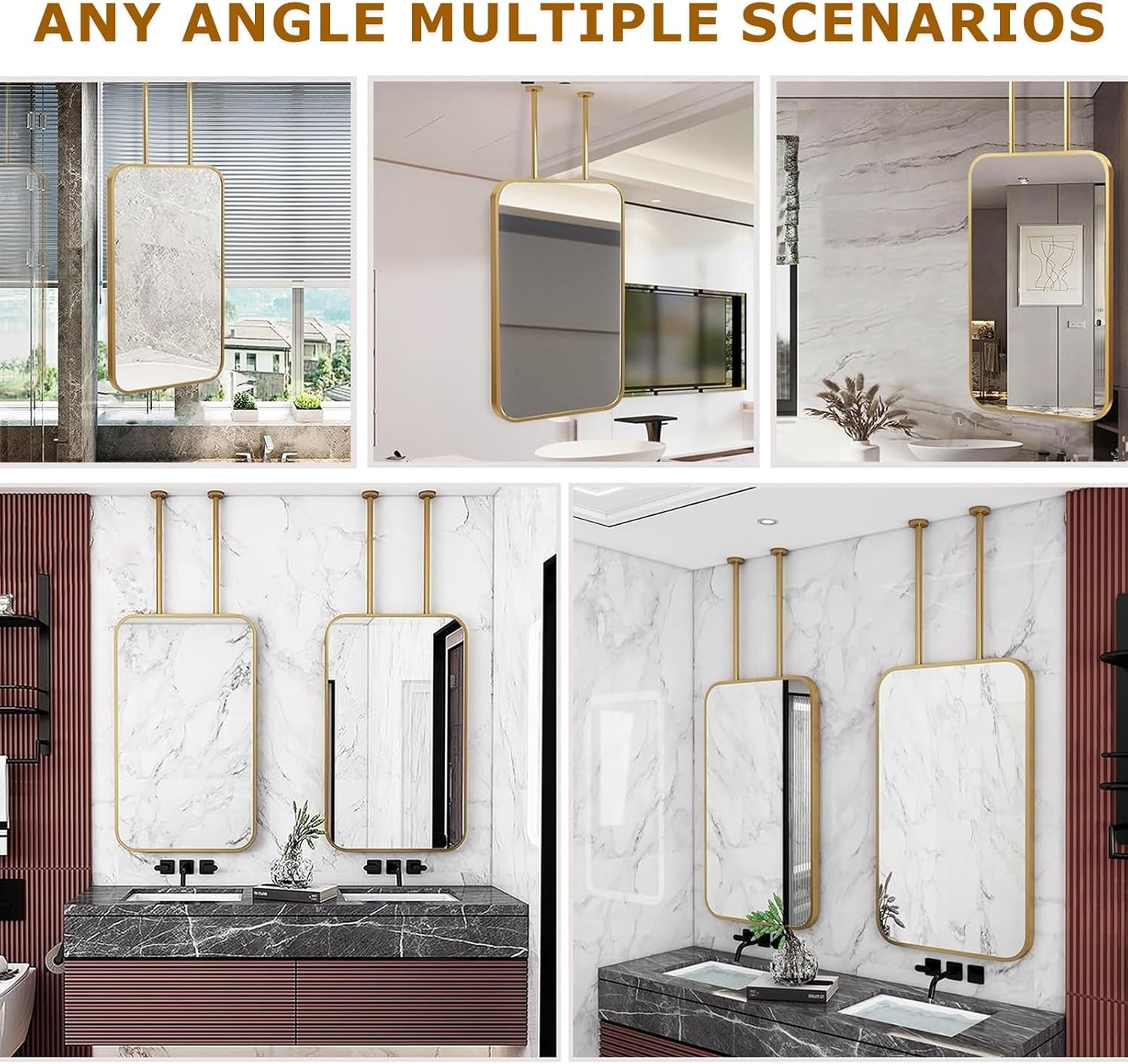 Ceiling Mounted Bathroom Mirror Hanging Bathroom Vanity Mount Mirrors Corner Mirror Wall Mount Pivot Metal Pole Ceiling Suspended Mirror Square Mirror For Ceiling Hanging Rod Bedroom Entryway Decor(A