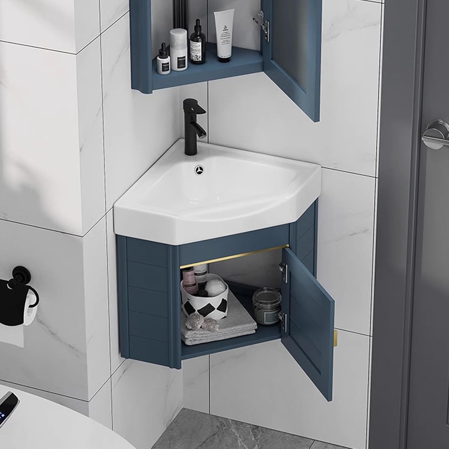 Ceramic wall mount corner bathroom vanity cabinets,for Small Space Cabinet Set Design,Bathroom Cabinet with Faucet and Drain,for Home Kitchen Patio Laundry Room. ( Color : Black , Size : 43*43cm )