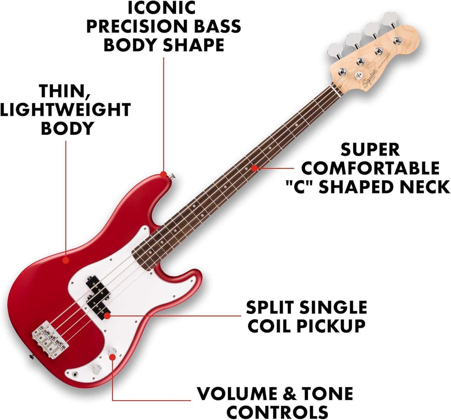 Fender Squier Debut Series Precision Bass Guitar, Beginner Electric Bass, Dakota Red with Matte Finish, Includes Gig Bag, Mini Amp, and 10ft Cable
