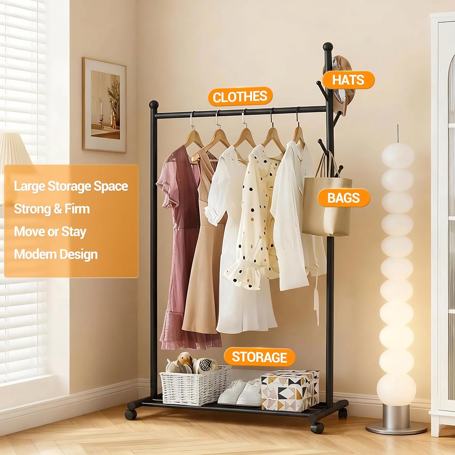 Small Clothes Racks for Hanging Clothes Clothing Rack with Wheels Metal Garment Rack with Shelves Portable Rolling Wardrobe Racks for Small Space Corner Bedroom Hallway Entryway Living Room Black