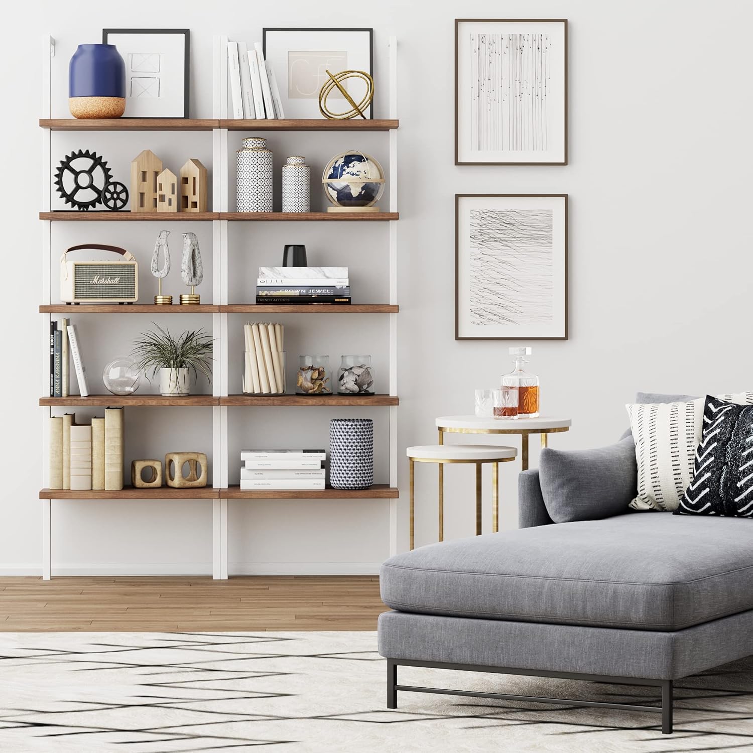 Nathan James Theo 5-Shelf Wood Modern Bookcase, Open Wall Mount Ladder Bookshelf with Industrial Metal Frame, Light Brown Oak/White