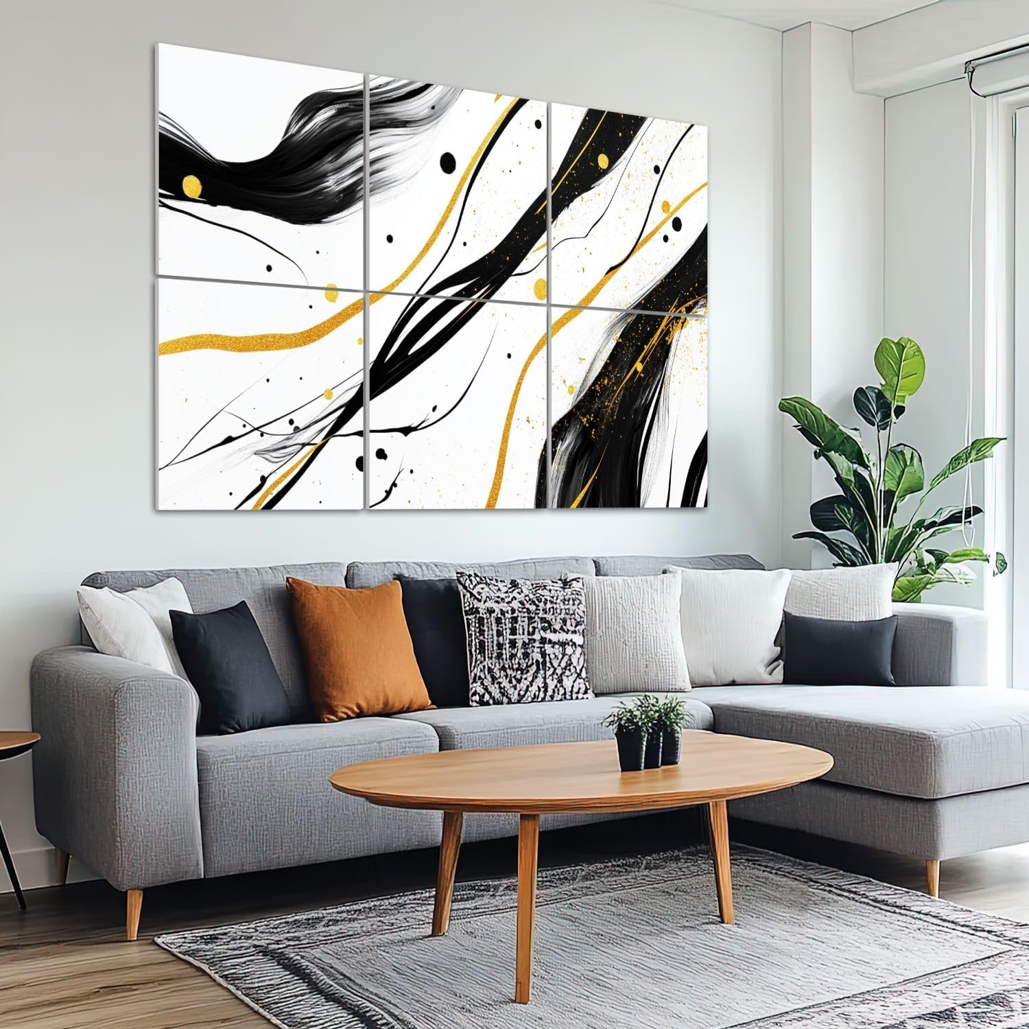 6 Pack Art Acoustic Panels Sound Absorbing Black White Gold Lines Brush Strokes Accents Fluid Dynamic Movement Decorative Soundproof Wall Panels Self Adhesive for Recording Studios Office 72