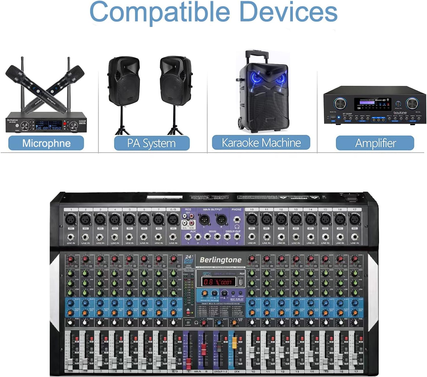 -Berlingtone,16 Channel Professional Bluetooth Studio Audio Mixer - DJ Sound Controller, USB MP3 Player, PC Recording,14 Microphone Jack, 48V Phantom Power, 24BIT Digital Effect, Unpowered (BR-16MX)