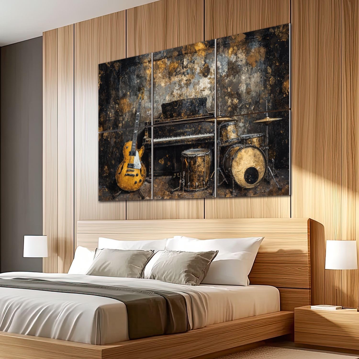 6 Pack Art Acoustic Panels Sound Absorbing Music Black Gold Guitar Piano Drum Set Studio Electric Upright Drums Decorative Soundproof Wall Panels Self Adhesive for Recording Studios Office 72