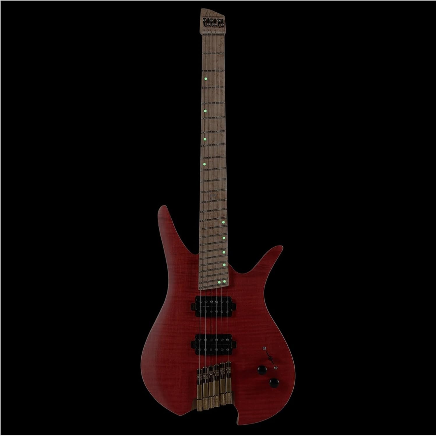 Headless Electric Guitar 6 String Fanned Fret Headless Electric Travel Guitar Ash Wood with Flame Maple Veneer