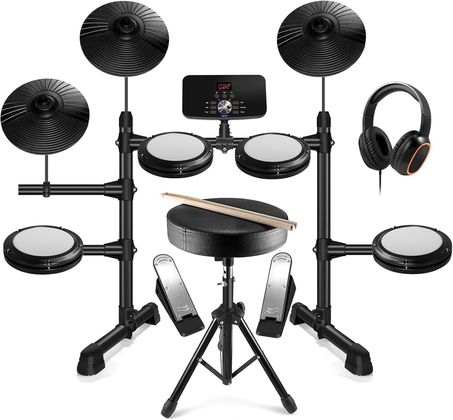 Electronic Drum Set,Electronic Drum for Beginner Set with Type-C Charging,support USB MIDI Bluetooth,with 4 Quiet Mesh Pads 2 Pedals, Drum Stool, Sticks, Headphones and Melodics Lessons