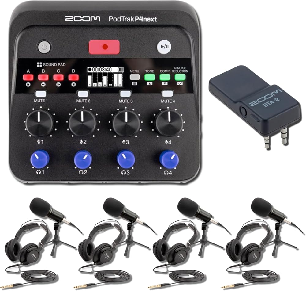 Zoom PodTrak P4next Audio Interface with 4x ZDM-1 Podcast Microphone Packs and BTA-2 Bluetooth Adapter