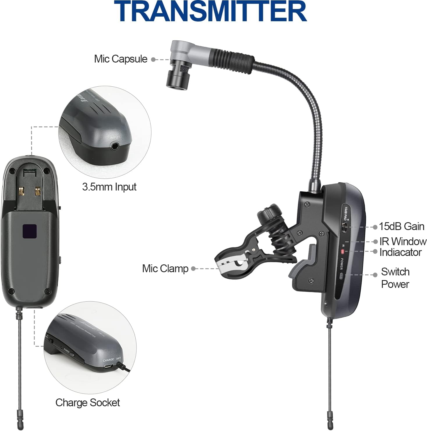 Saxophone Wireless Microphone Professional Gooseneck Clip-on Mic with Preset EQ & ECHOs, 262 Ft Transmission and Rechargeable Transmitter, for Soprano, Tenor, Alto, and Baritone Saxophone