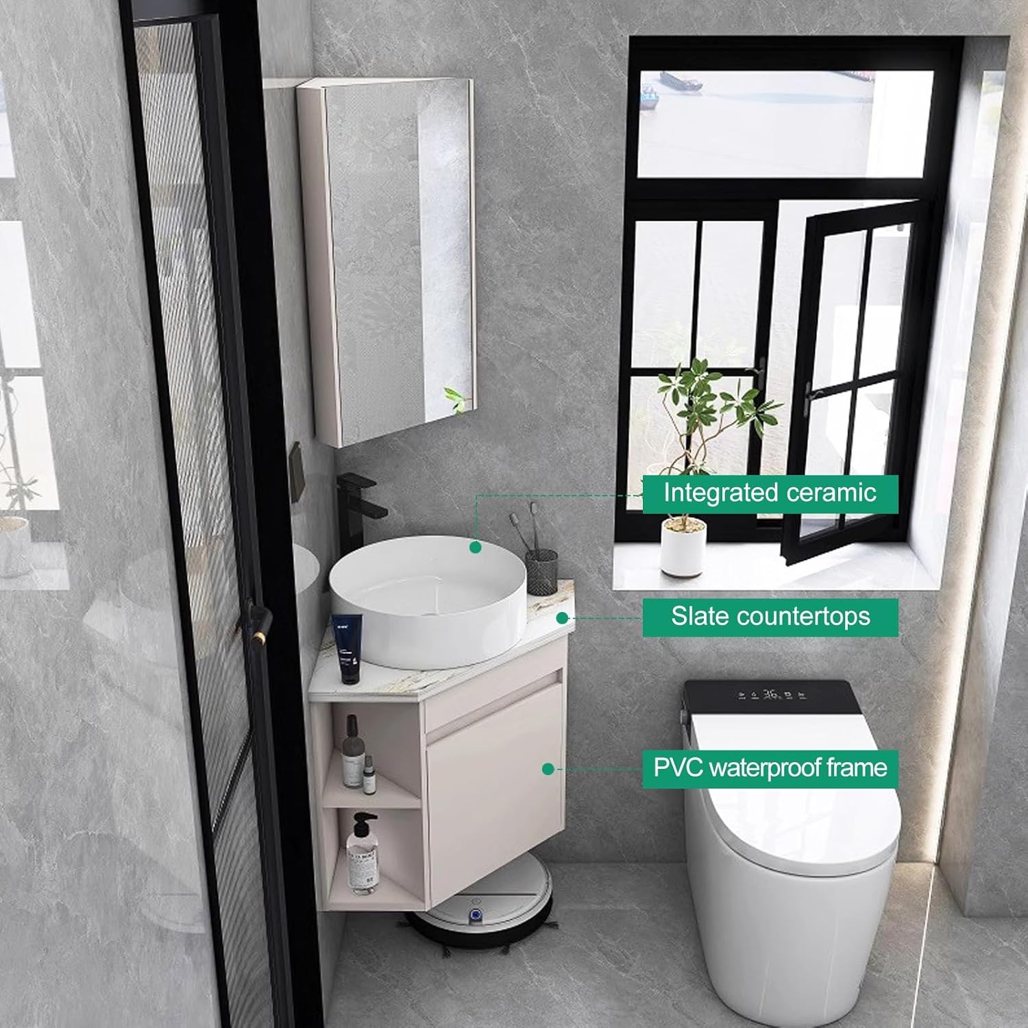 Corner Bathroom Vanity with Sink & Medicine cabinets, Wall Mount Corner Sinkwith PVC Cabinet, Pedestal Sink Set, Contain Hot and Cold Faucet, Drain, Console Sinks(56cm/22in)