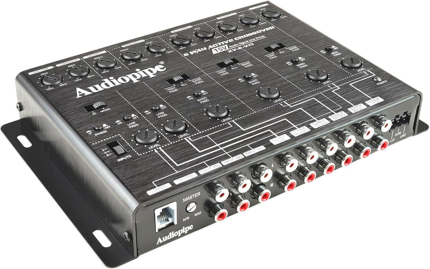 Audiopipe 6-Way Active Crossover (XV-6-V15), Multiplier Switch, Compact, Power LED Indicator, Subwoofer Bass Boost, Custom Installation, Remote Bass Knob