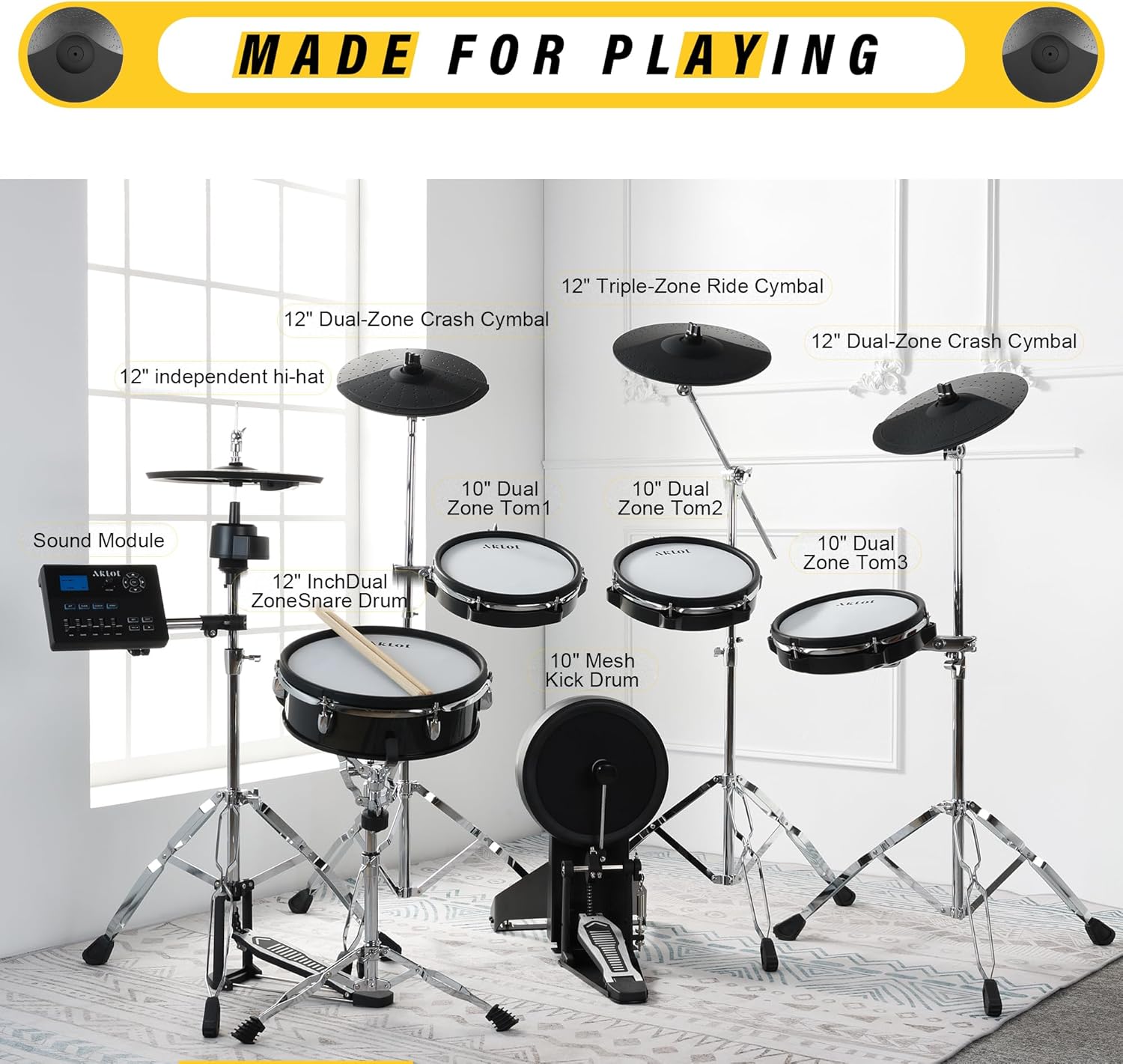 AKLOT Fully-Expandable Electric Drum Set: Independent Stand System, 12