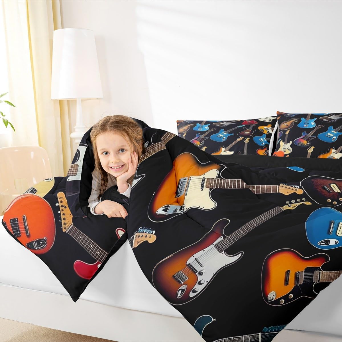 Manfei Electric Guitar Comforter Set King Size 3 Pcs,Colorful Bass Guitars Music Lovers Bedding Set,Rock Music Theme Quilt Set for Adults Bedroom,2 Pillowcases