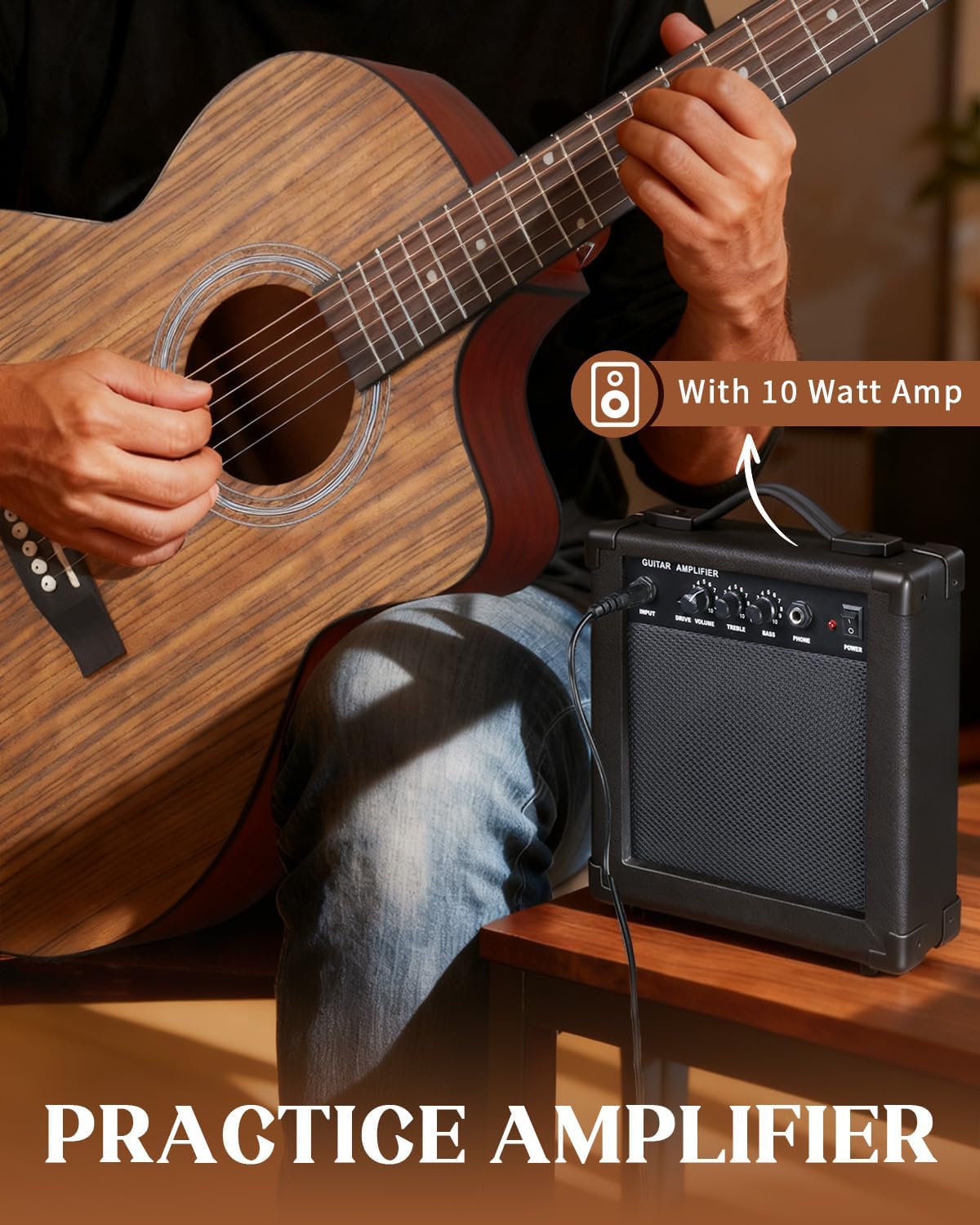 Ktaxon 41 Inch Cutaway Acoustic Electric Guitar, Full Size Walnut Wood Body Beginner Guitars Kit with 15W Amp, Extra Strings & Capo Includes All Accessories (Brown)