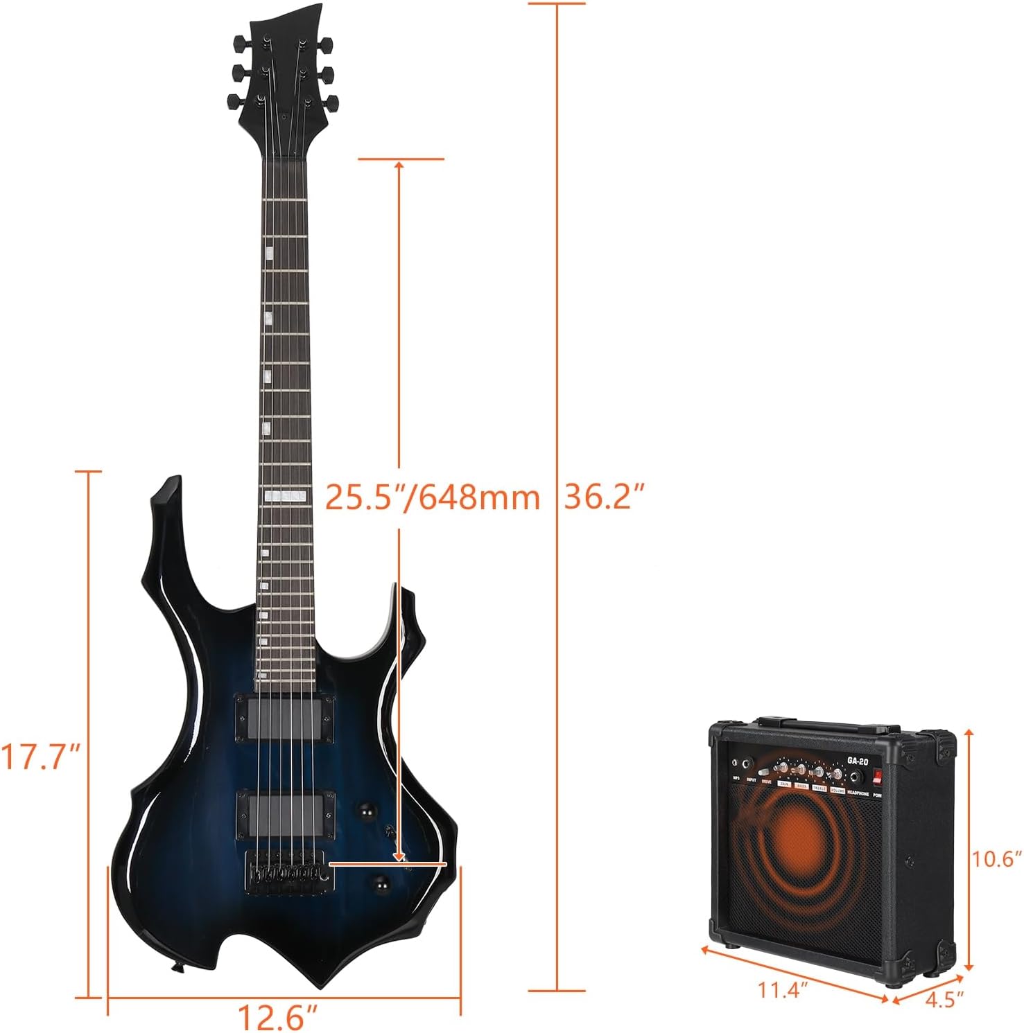 Solid Body Electric Guitar, Flame Design Electric Guitar Kit with 20Watt Amp, Gig Bag, Shoulder Strap, H-H Pickups 36 Inch Electric Guitars for Beginners & Professional (Blue)