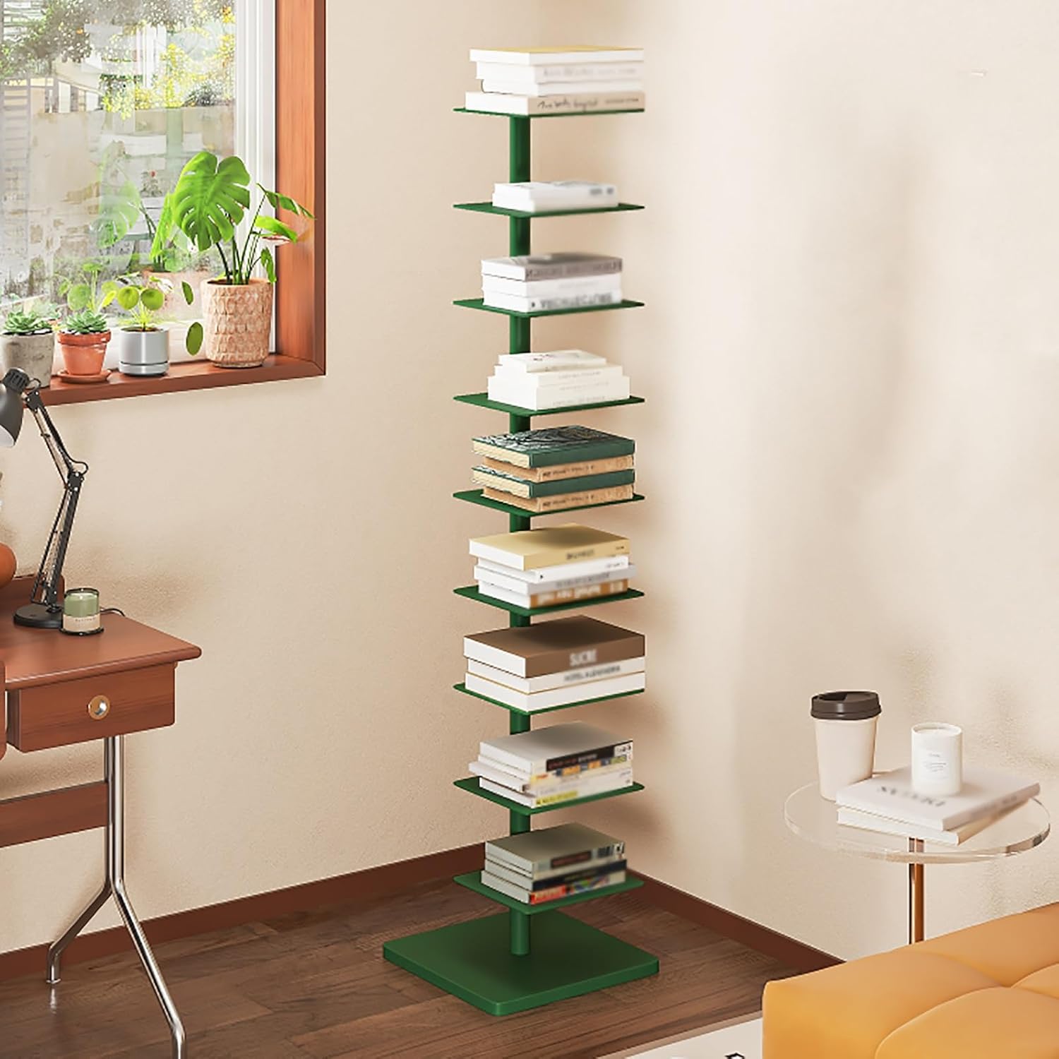 9 Tier Metal Spine Bookshelf Tower, Vertical Bookshelf, Adjustable Vertical Spine Book Tower Floor, Tall Open Display Storage Organizer for Study Room, Living Room(White)