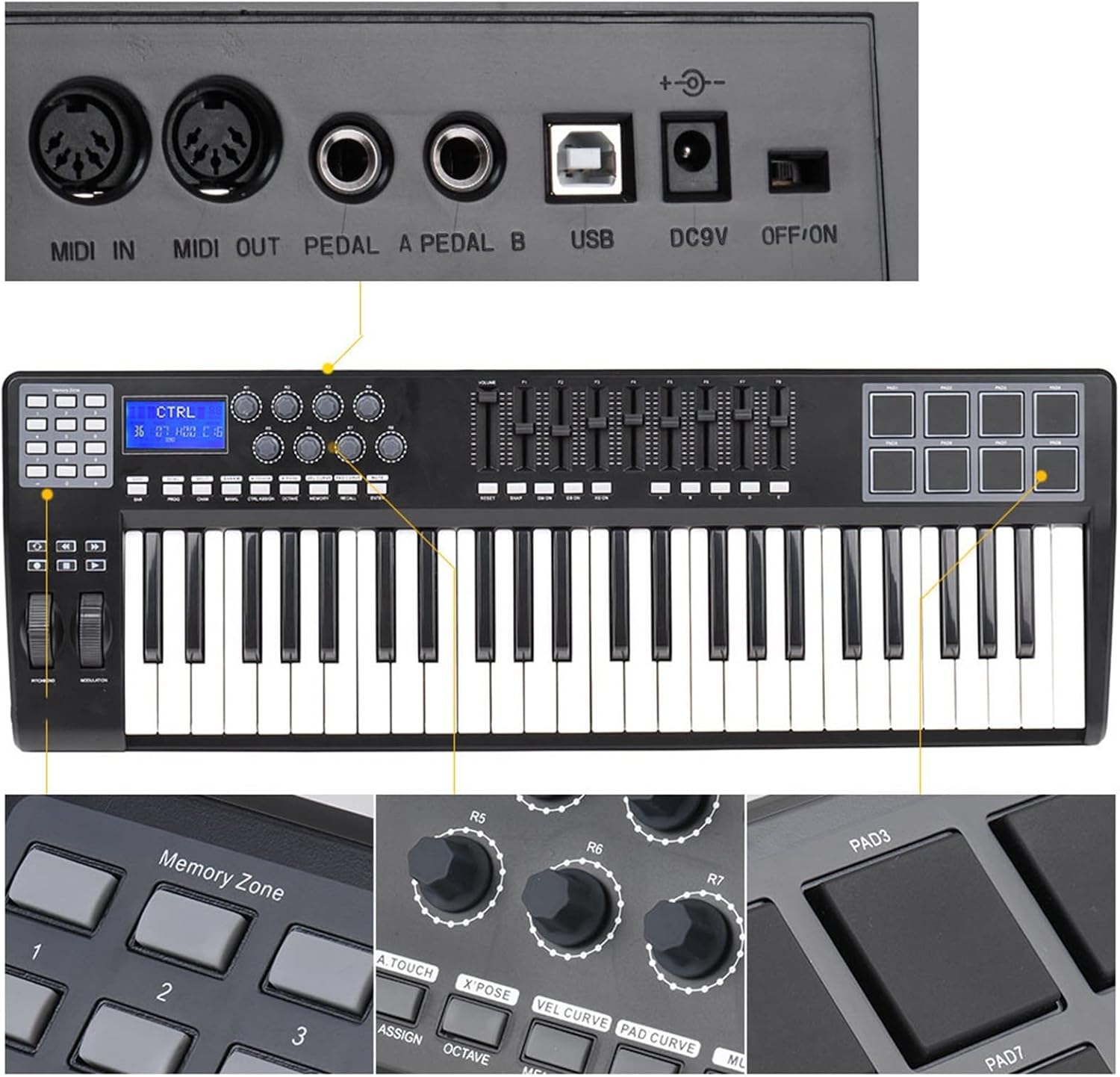 KESHUO Electric Keyboard 49 Portable 49-Key USB MIDI Keyboard Controller 8 RGB Colorful Backlit Trigger Pads with USB