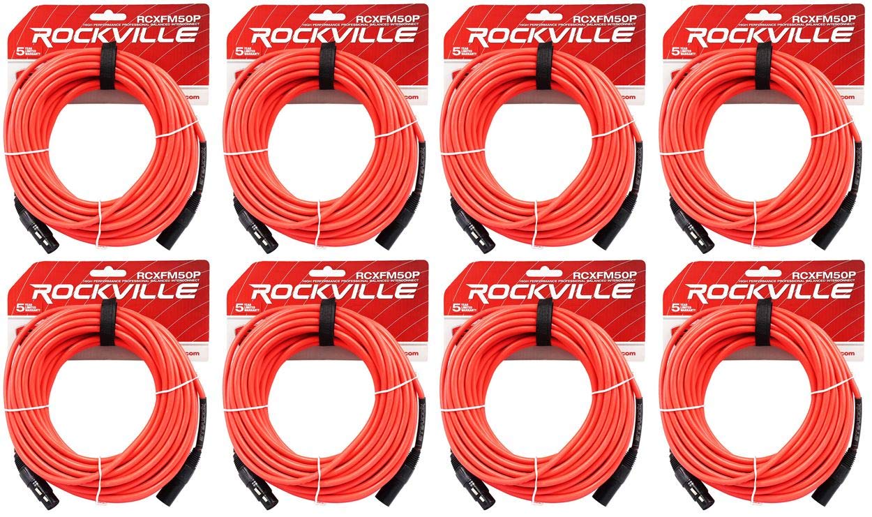Rockville RCXFM50P-R Red 50 ft XLR Female to XLR Male Microphone Cable, REAN Connectors, 100 Percent OFC Copper with 90 Percent Spiral Shield, Nickel Plated with Strain Relief, 8-Piece
